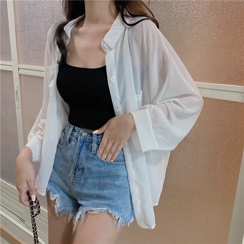 Áo Sơ Mi Chiffon Dài Tay Chống Nắng Dáng Rộng Phong Cách Hàn Quốc Mới Cho Nữ