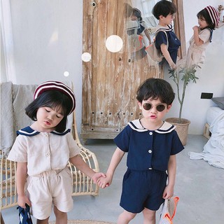 Đồ bộ thuỷ thủ vải thô cộc tay mùa hè đi chơi chụp ảnh cho bé trai bé gái từ 1 đến 10 tuổi