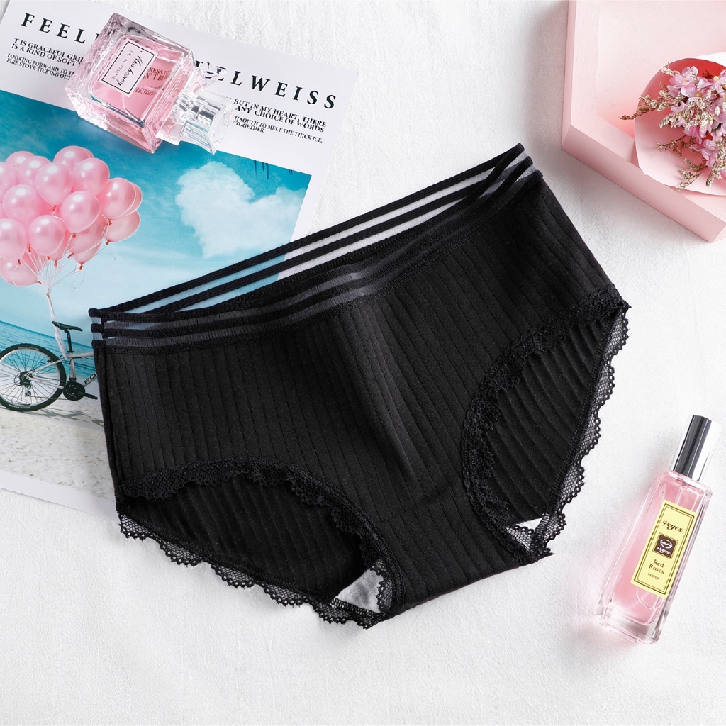 Quần lót cotton sọc viền ren thoải mái dành cho nữ | BigBuy360 - bigbuy360.vn