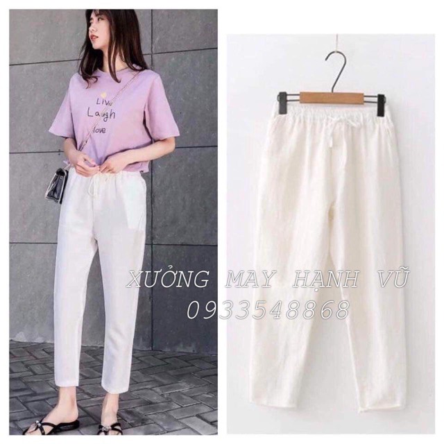 Quần baggy đũi nơ nữ cạp chun Banamo quần lưng thun chất đũi nhẹ mát nhiều màu thời trang Banamo Fashion 8323a