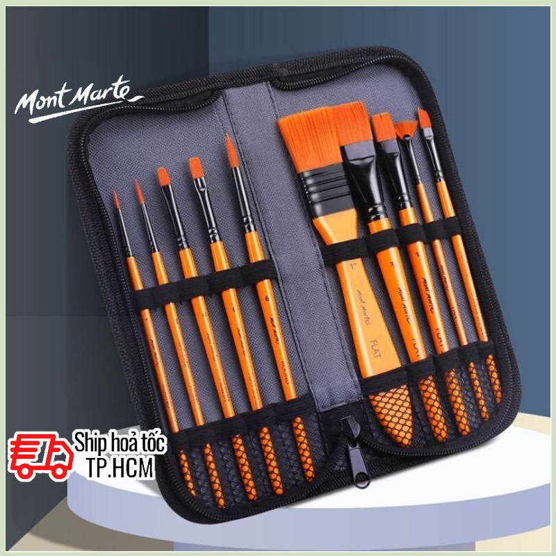 Bộ 10 Cọ Vẽ Acrylic Mont Marte Cao Cấp - Taklon Brush Set in Wallet Signature - Acrylic - BMHS0030