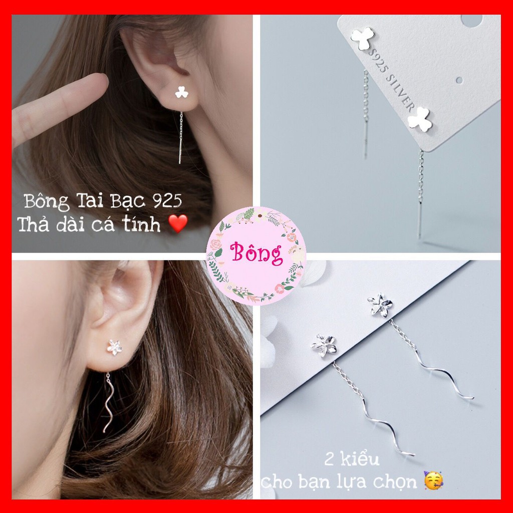 Bông tai bạc 925 dây Hoa Ba Lá thả dài cá tính B14-16