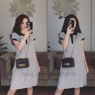 G33. 125. đầm len sọc cổ bẻ thêu ngực
