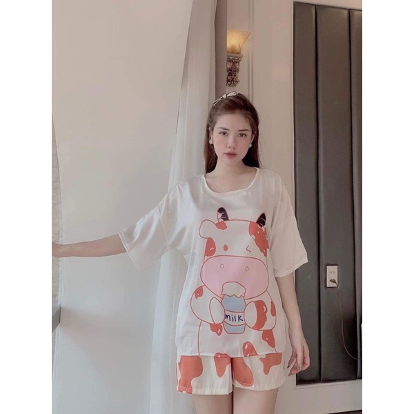 Set bộ mặc nhà lụa satin siêu mát- bộ ngủ cổ tròn bò sữa tay cánh dơi fom rộng