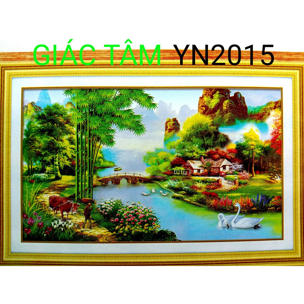 Tranh đá NHÀ VEN SÔNG - 85x50cm - YN2015 - BÔNG HOA TRÚC CON BÒ THIÊN NGA CÂY CẦU NÚI CÂY CỎ - tranh đá chưa làm