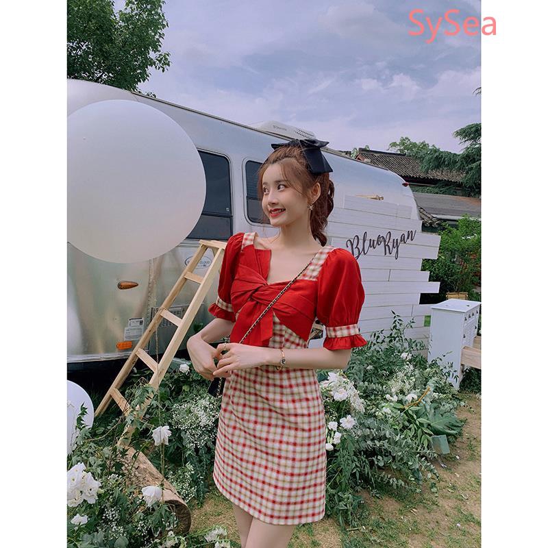 Đầm caro lưng cao thắt nơ cổ vuông phong cách mùa hè thời trang Hàn Quốc cho nữ | BigBuy360 - bigbuy360.vn