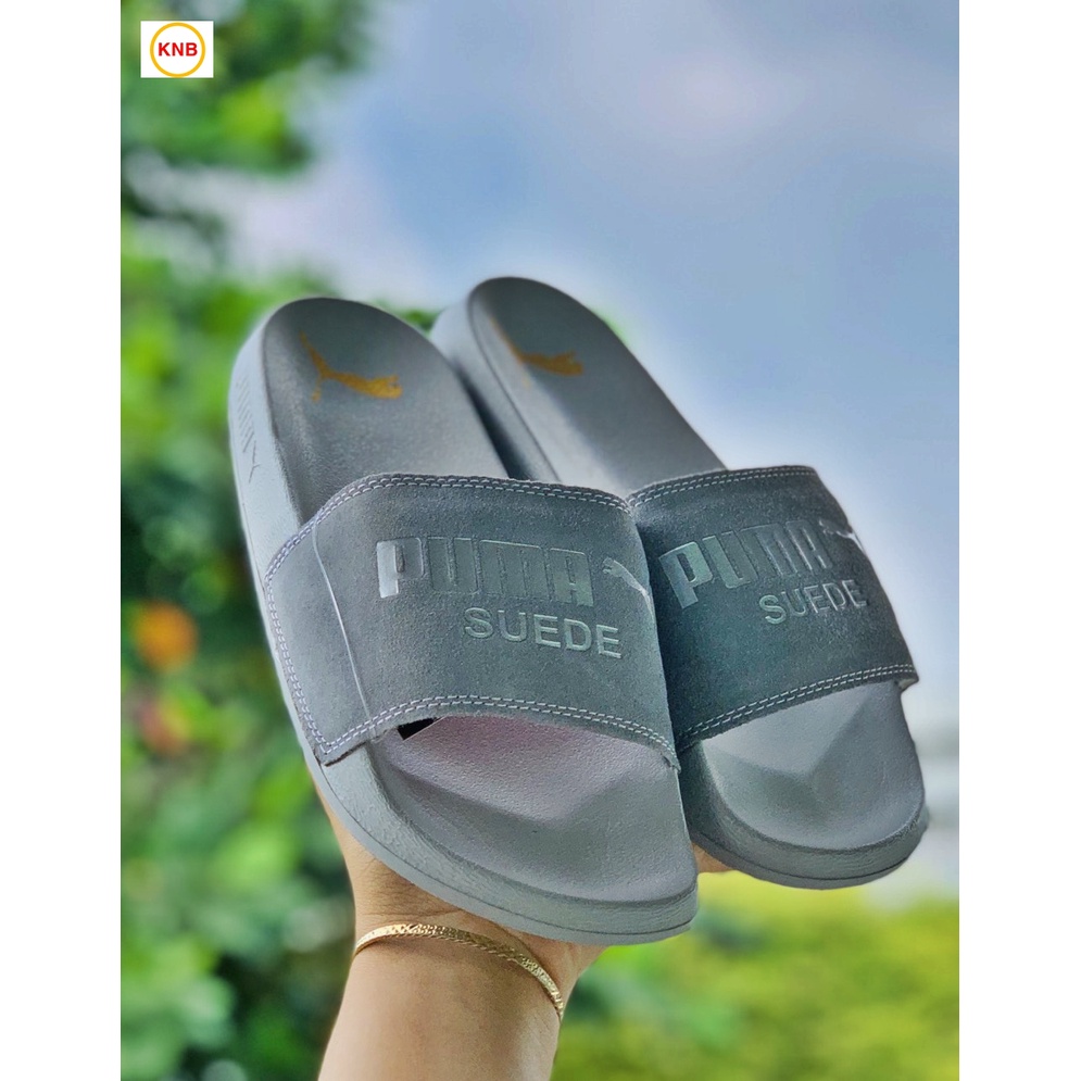 Dép 𝐏𝐔𝐌𝐀 ❤️FREESHIP + Hộp❤️ dép unisex 𝐌𝐋𝐁 quai ngang bóng chày thể thao nam nữ in PUMA da lộn, đế IP bền full xám