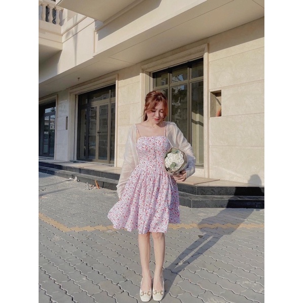[FREESHIP] SET Đầm 2 dây hoa nhí tùng xoè mix Áo khoác voan mỏng NÀNG CLOSET