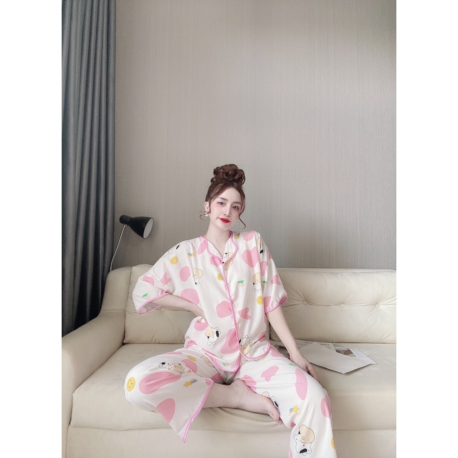 Bộ Ngủ MặC Nhà, Đồ Pijama Ngắn Tay Quần Dài Lượn Sóng Họa Tiết Bò Sữa Chất Lụa Mango Mềm Mịn, Form Dáng Rộng Rãi T | BigBuy360 - bigbuy360.vn