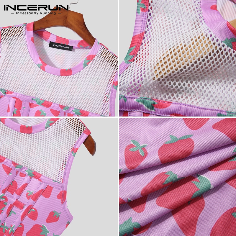 Áo ba lỗ INCERUN vải lưới xuyên thấu in họa tiết dâu tây thời trang cho nam