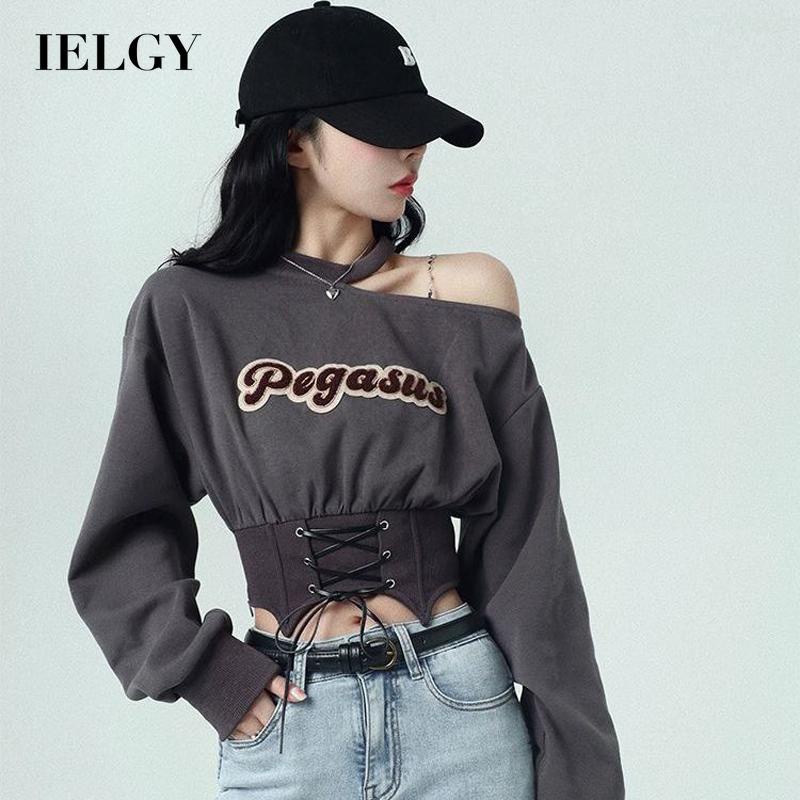 Áo sweater IELGY tay dài hở vai phong cách đường phố Hàn Quốc dành cho nữ