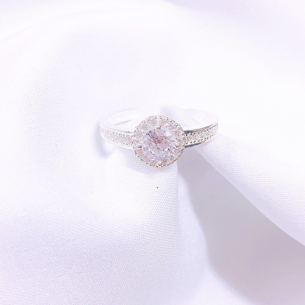 Nhẫn nữ bạc ta mặt đá tròn thân dày dặn LINH MIU SILVER