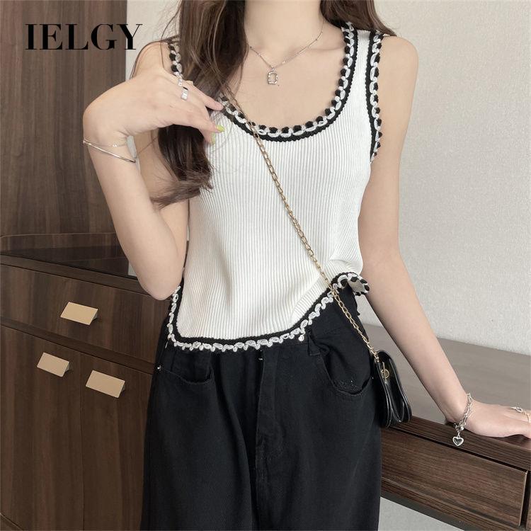 Áo IELGY dệt kim sát nách dáng rộng cổ chữ u màu tương phản thời trang cho nữ