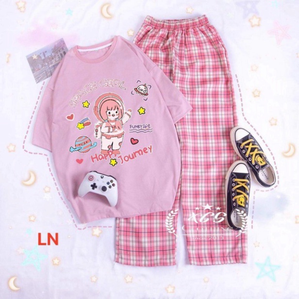 (Sỉ) Sét Đồ Bộ Nữ Xinh Cute Quần Caro Kate Ống Rộng Phối Áo Thun Nữ Form Rộng Tay Lỡ Thời Trang Trẻ Teen Hàn Quốc (NHIỀU