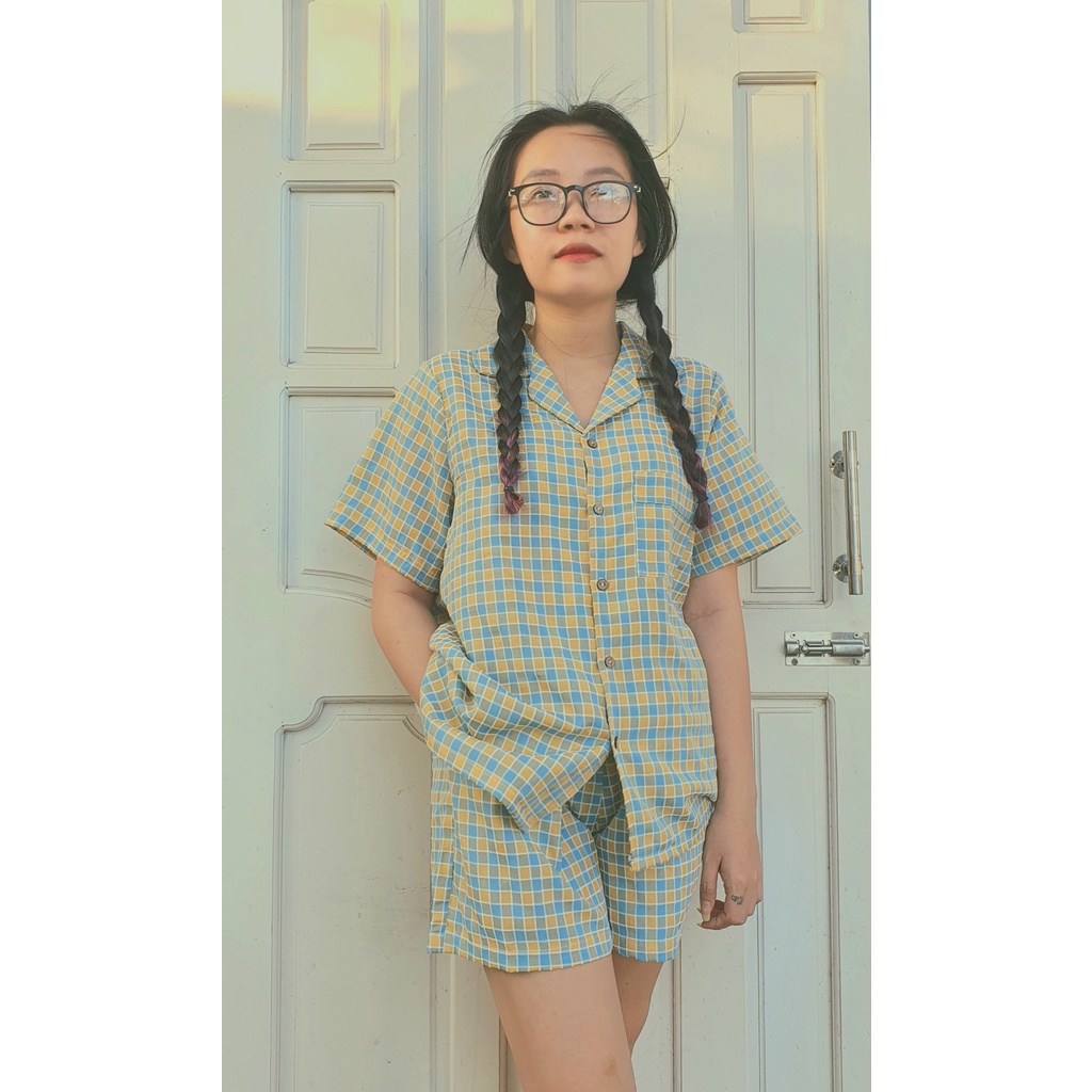 Pyjama mặc nhà caro gân vàng xanh không nhăn (có phân loại ngắn và dài)