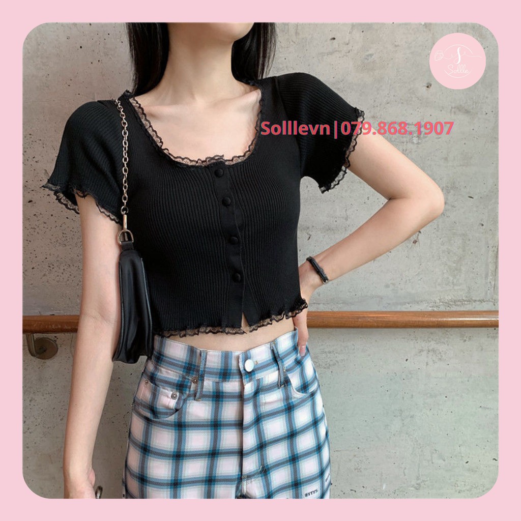 Croptop cổ vuông viền ren Sollle áo kiểu ngắn tay form ôm