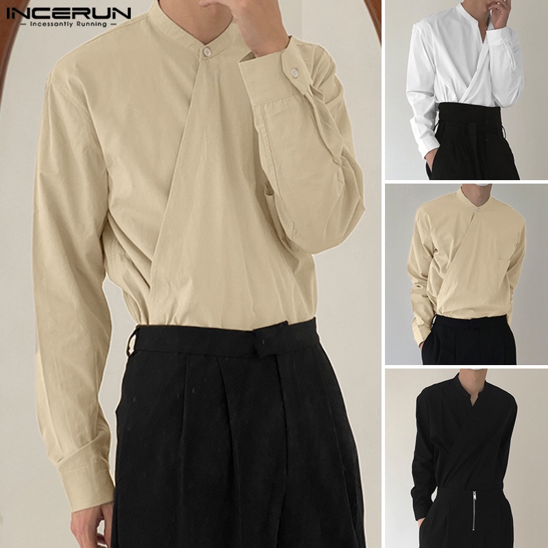 Áo sơ mi INCERUN dài tay cổ chữ V vạt bất đối xứng thời trang cho nam