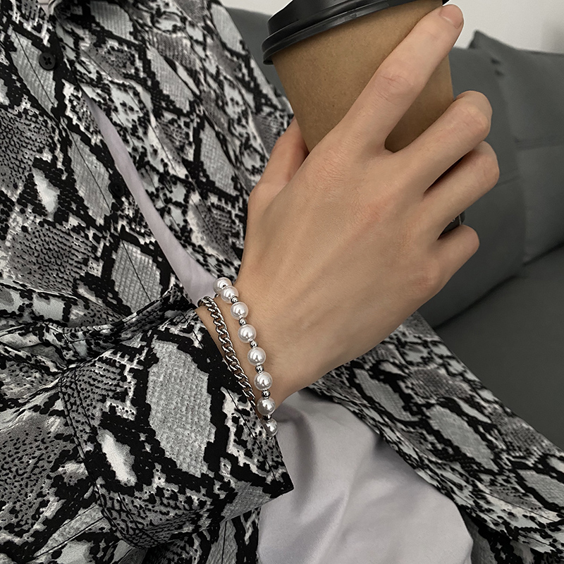 Vòng tay hai lớp bằng thép titan đính giả ngọc trai giả phong cách hip hop Harajuku 19851