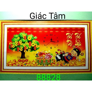 Tranh thêu TẤN TÀI TẤN LỘC - 83x45cm - 88828 - ĐỒNG HỒ THẦN TÀI TIỀN VÀNG CHÂU BÁU CÂY - tranh thêu chữ thập chưa thêu