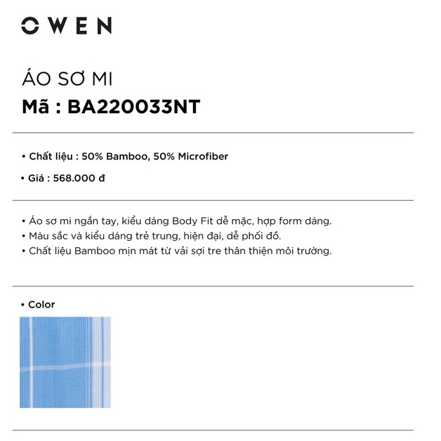 Áo Sơ Mi Nam Ngắn Tay OWEN BA220033NT Somi Công Sở Cao Cấp Màu Trắng xanh Caro Vải Sợi Tre Dáng Body Fit Tà Bằng Có Túi