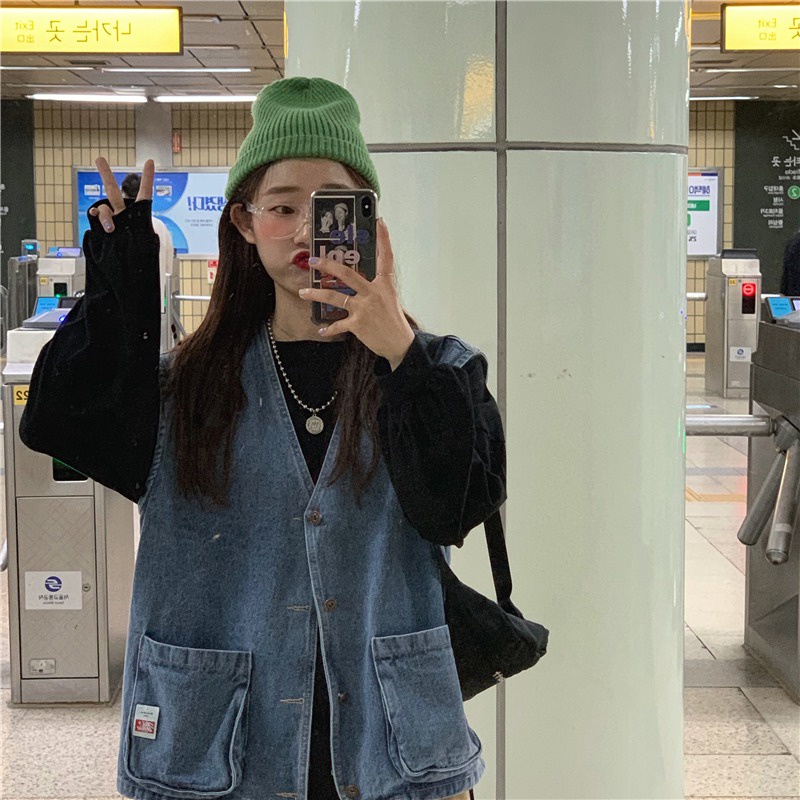 Áo Gile jeans unisex phong cách Hàn Quốc