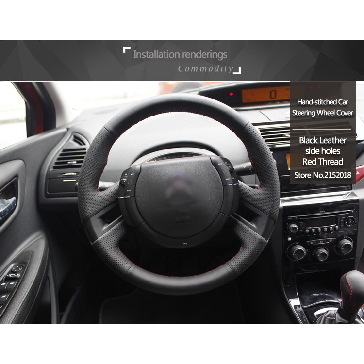 Bọc vô lăng xe hơi bằng da màu đen khâu tay cho Citroen C4 Picasso 2012-2014 C-quatre