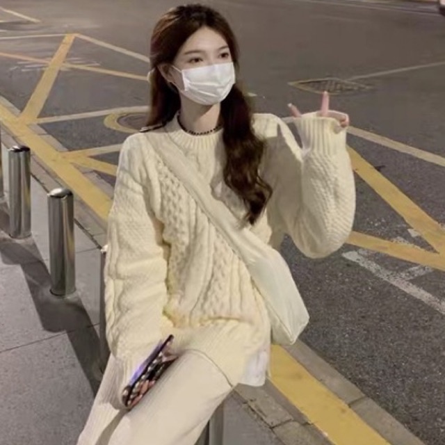 Áo len cổ tròn trơn vặn thừng chất len lông siêu mềm mại form basic phong cách thoải mái thu đông