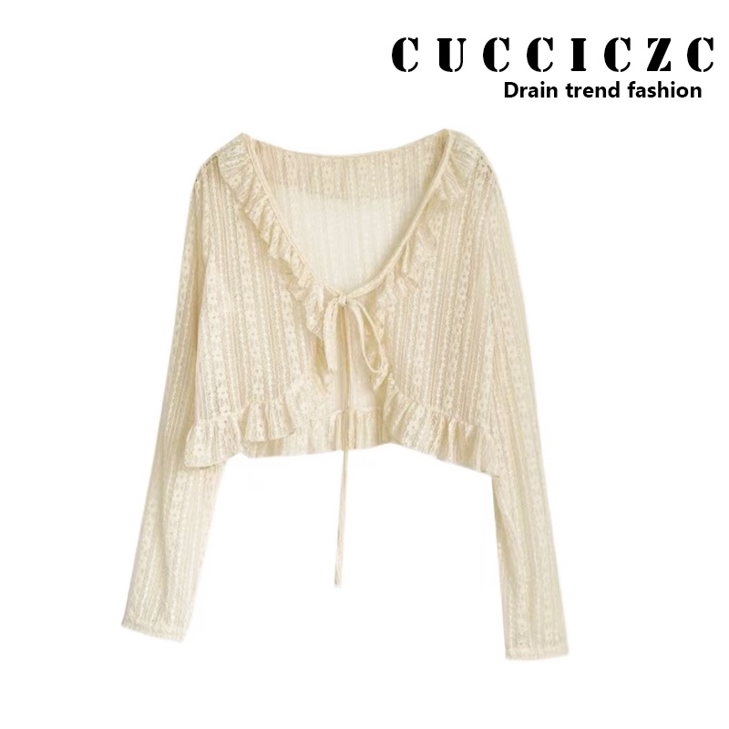 Áo Khoác Cardigan Ren Mỏng nữ dài tay lửng thắt nơ thời trang mùa hè