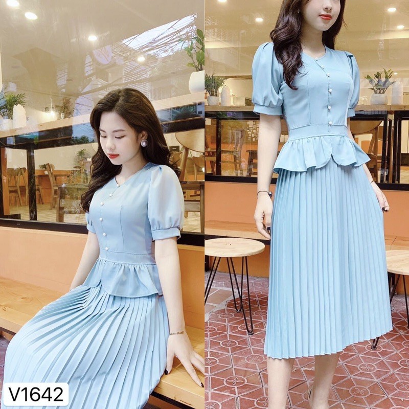 Váy xoè màu xanh chân xếp ly ( dáng peplum)váy liền màu giống ảnh trải sàn