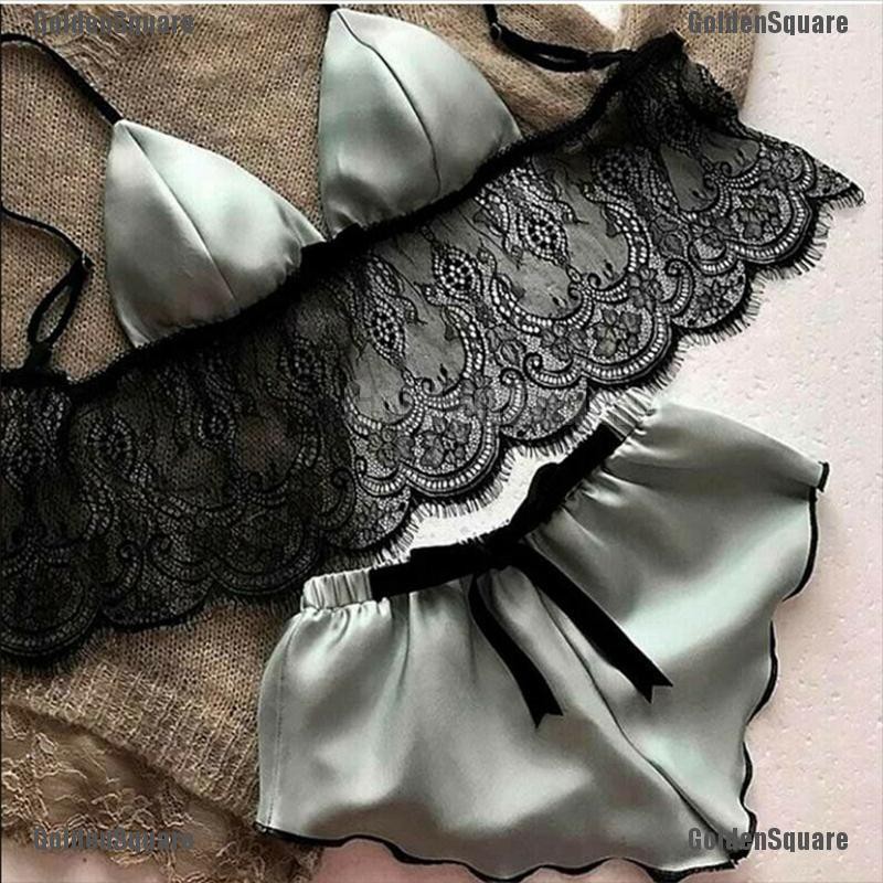 Bộ Đồ Ngủ Vải Satin Phối Ren Cổ Chữ V Gợi Cảm Cho Nữ