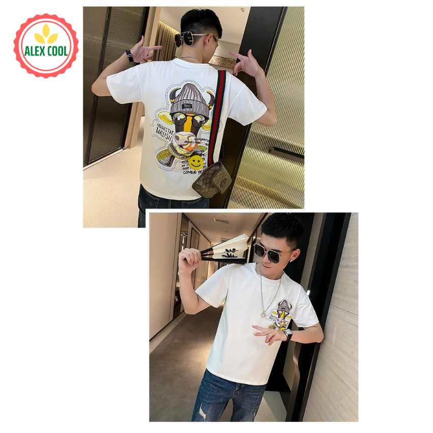 Áo thun nam, áo phông nam tay ngắn cổ tròn chất cotton co giãn 4 chiều hình đầu bò vàng alex cool