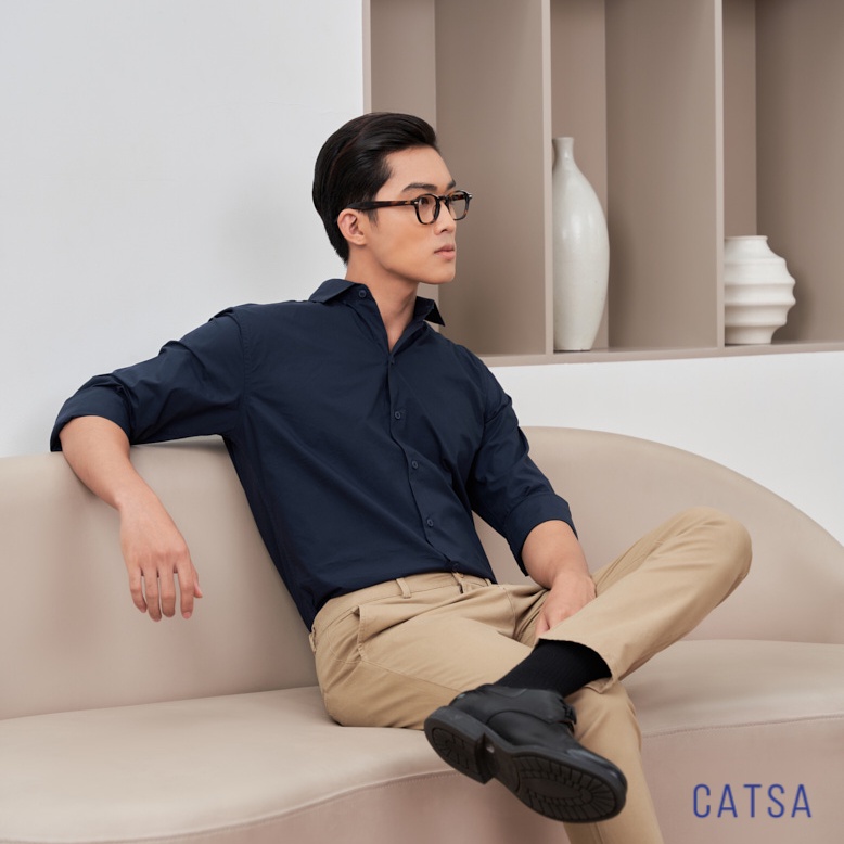 Áo sơ mi nam công sở xanh đen chất liệu vải mềm mịn, thoáng mát, chống nhăn CATSA ASD018