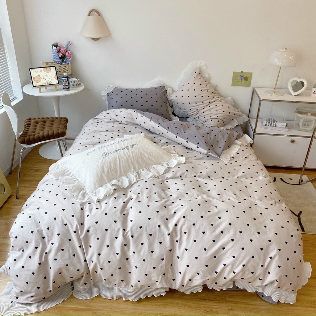 Bộ chăn ga gối Cotton 100% viền bèo - Tim Đen