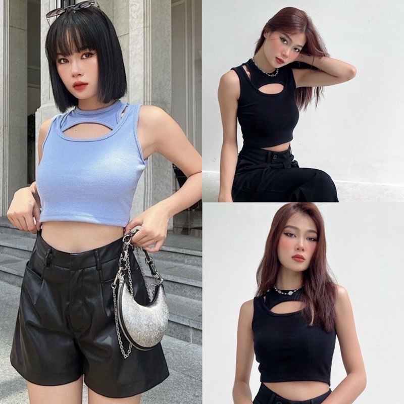 Áo Croptop nữ sát nách trơn khoét ngực YUMI BÁN SỈ chất thun gân dày dặn A04