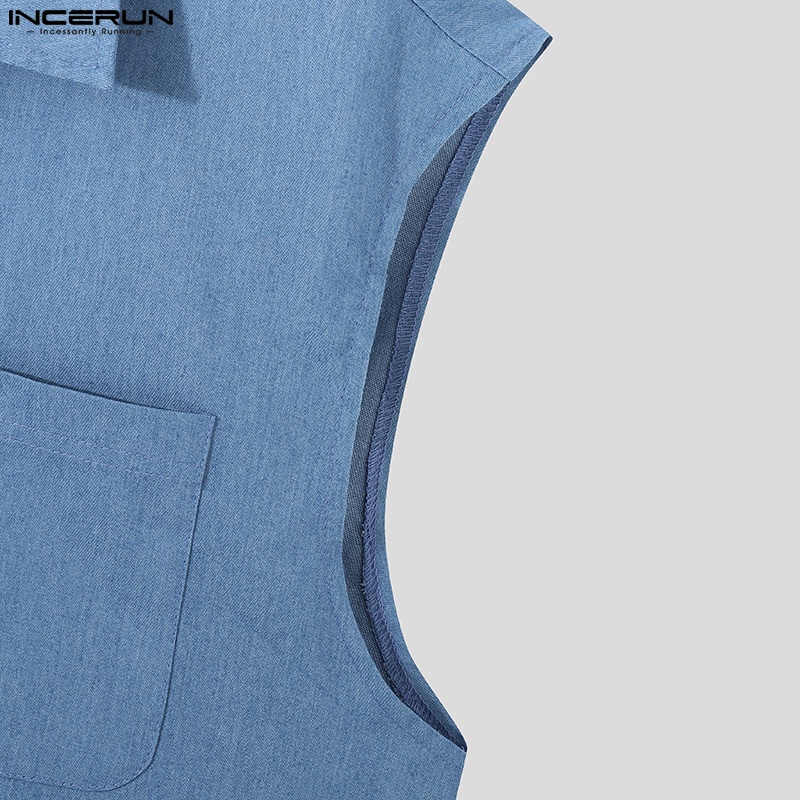 Áo sơ mi sát nách INCERUN màu trơn cổ bẻ phối nút thời trang cho nam