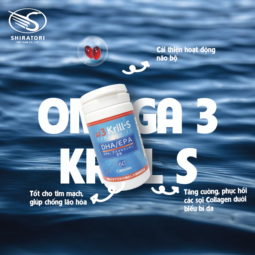 Dầu Nhuyễn Thể Omega 3 Krill-S SHIRATORI - Bổ não, giảm cholesterol, giảm đau xương khớp - 60 viên