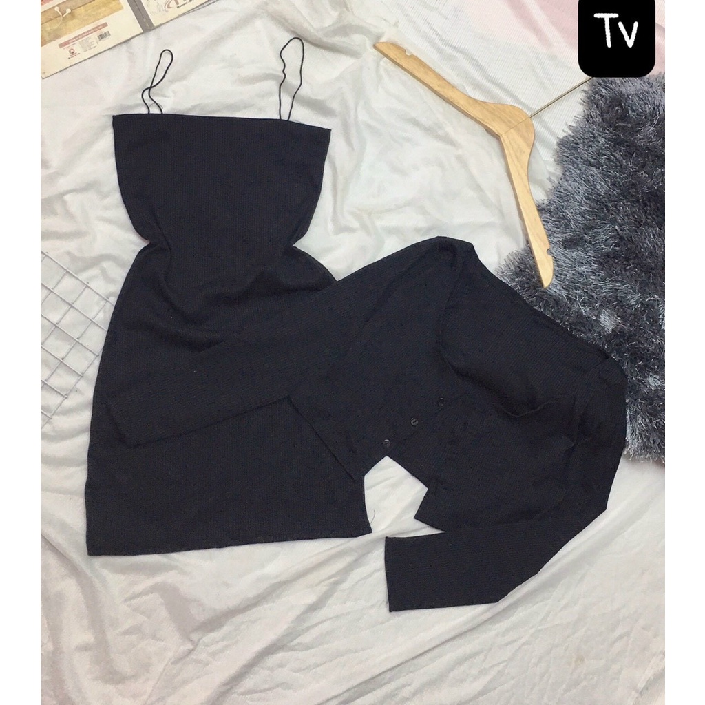 set đầm xinh áo khoác nhẹ dễ thương chất thun gân