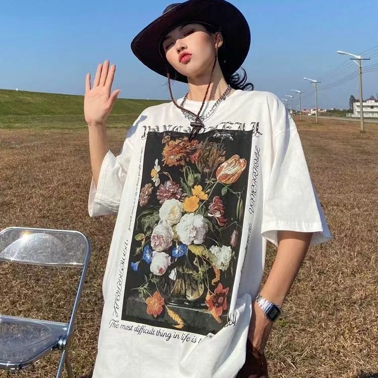 AMOI Áo Thun Tay Ngắn In Họa Tiết Tranh Sơn Dầu Phong Cách Âu Mỹ Mới