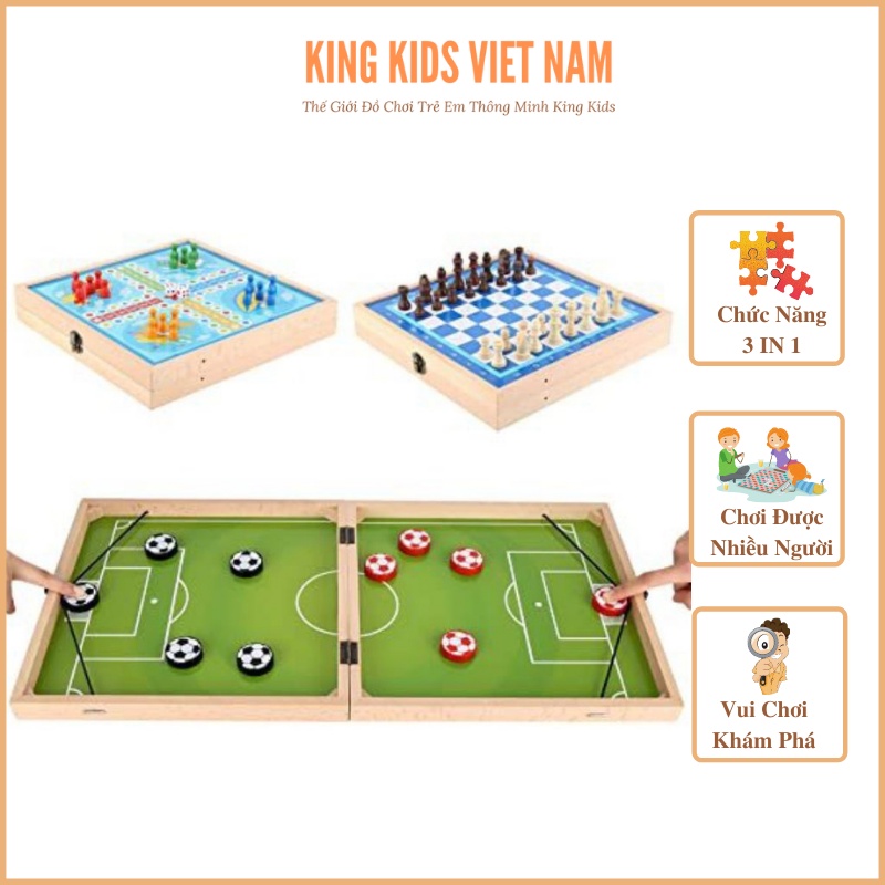 BÀN CƠ ĐA NĂNG 3 IN 1 - Cờ Tướng,Cờ Cá Ngựa,Cờ Búng Xuyên Lỗ - Hộp Gỗ Cao Cấp - King Kids Wood