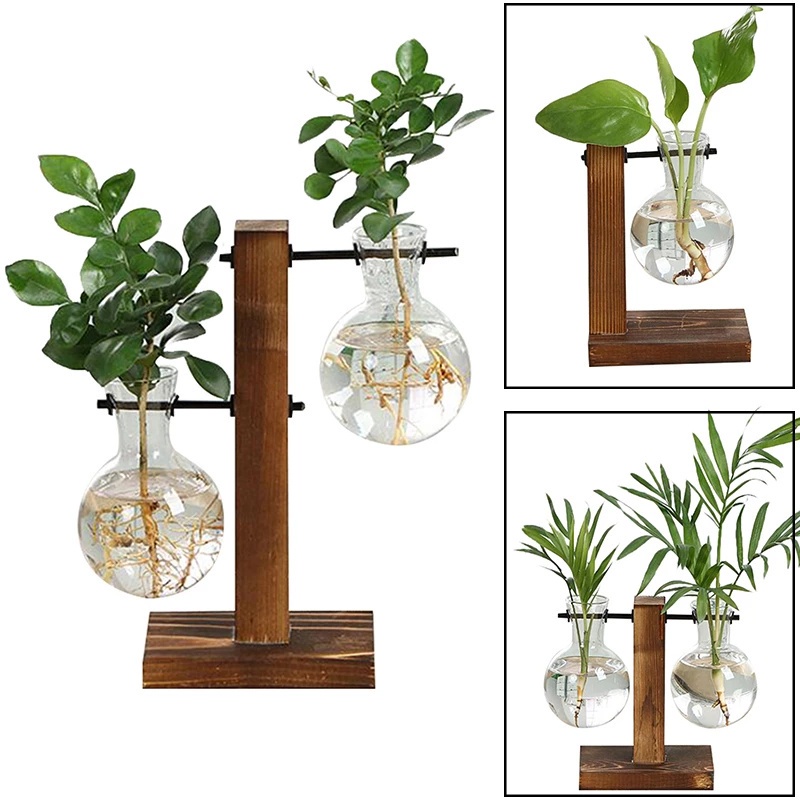 Chậu Hoa Thủy Tinh Mini Trong Suốt Kèm Khung Đứng Để Bàn Trang Trí Nhà Cửa / Văn Phòng