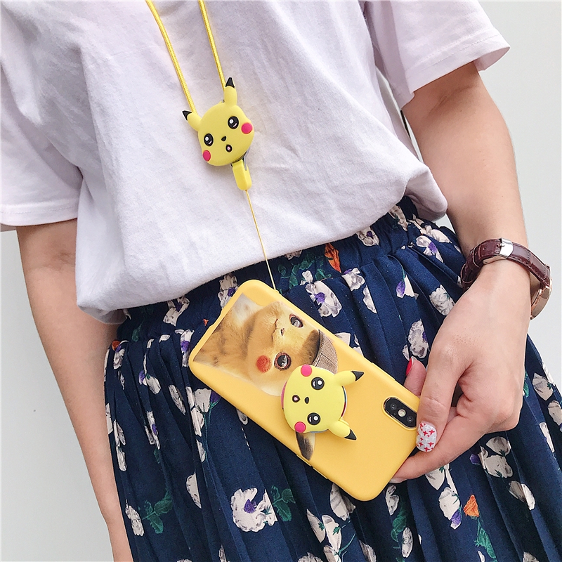 Ốp điện thoại mềm in hình Pikachu kèm giá đỡ và dây đeo cho Vivo Y91 V5S V7 Plus Y81 Y55S Y95 V9 Y71