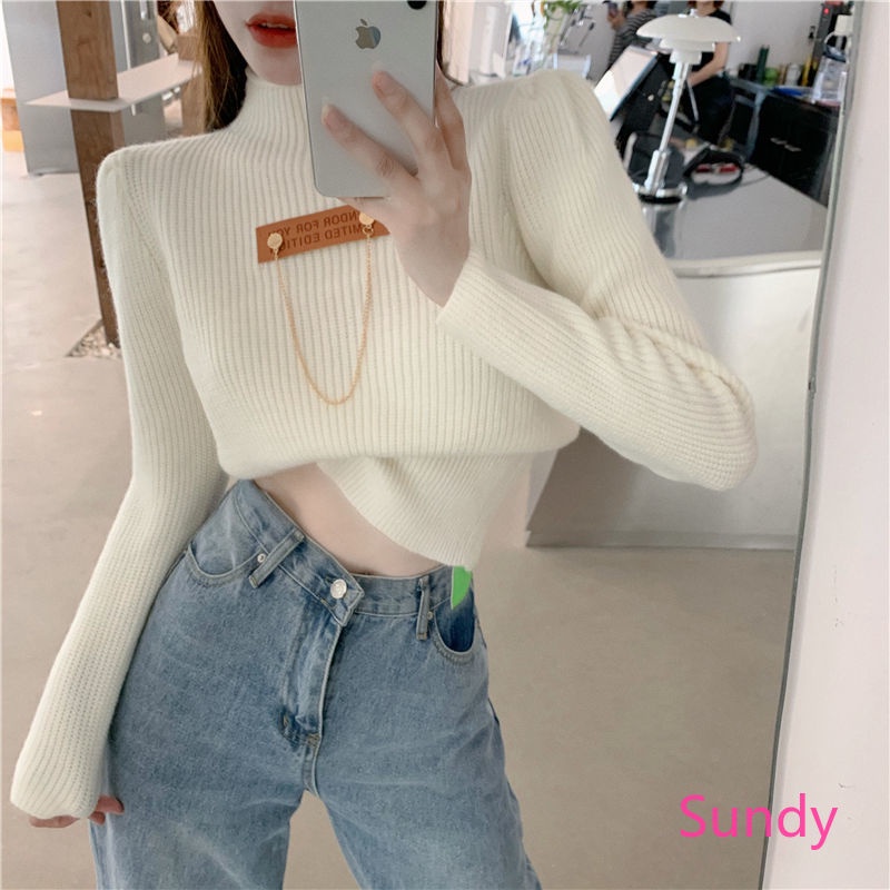 Áo sweater dệt kim tay dài cổ lọ dáng ôm thời trang mùa thu cho nữ