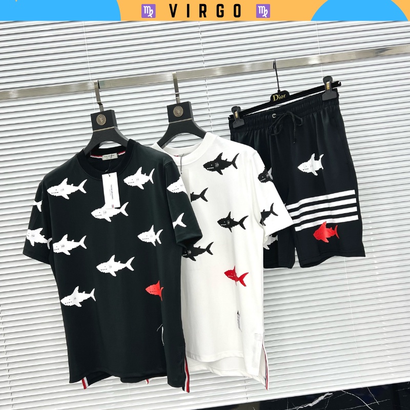 Bộ quần áo thể thao nam mùa hè cổ bẻ tay ngắn áo polo thom browne hình cá (ảnh thật)