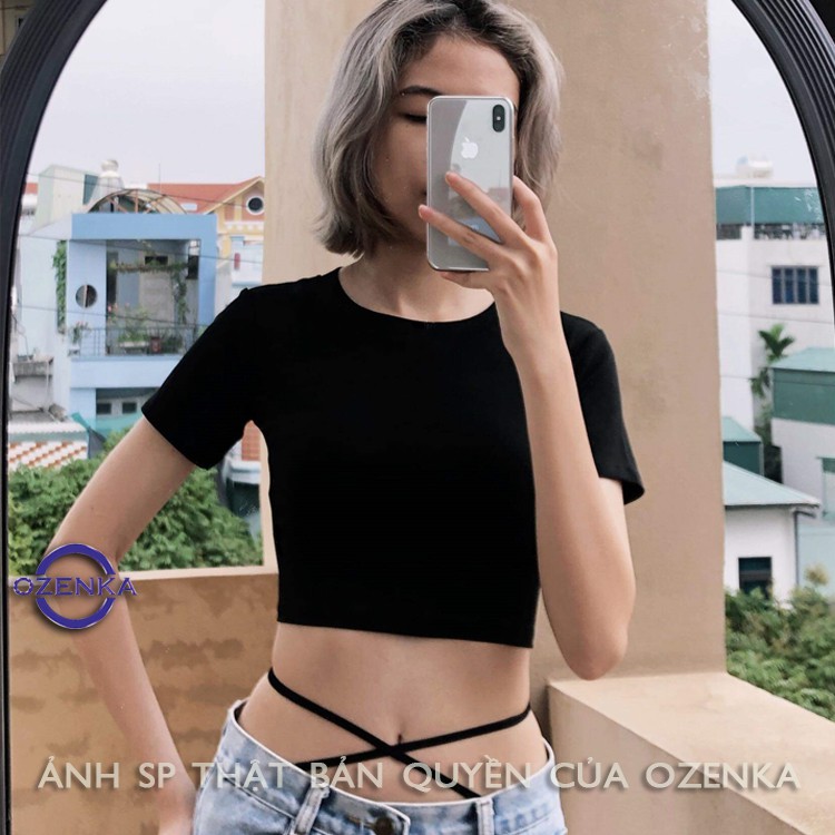 Áo croptop ôm ngắn tay nữ , áo kiểu body dây đan eo cotton 100% mềm mịn mát co giãn 4 chiều OZENKA CRTE 255