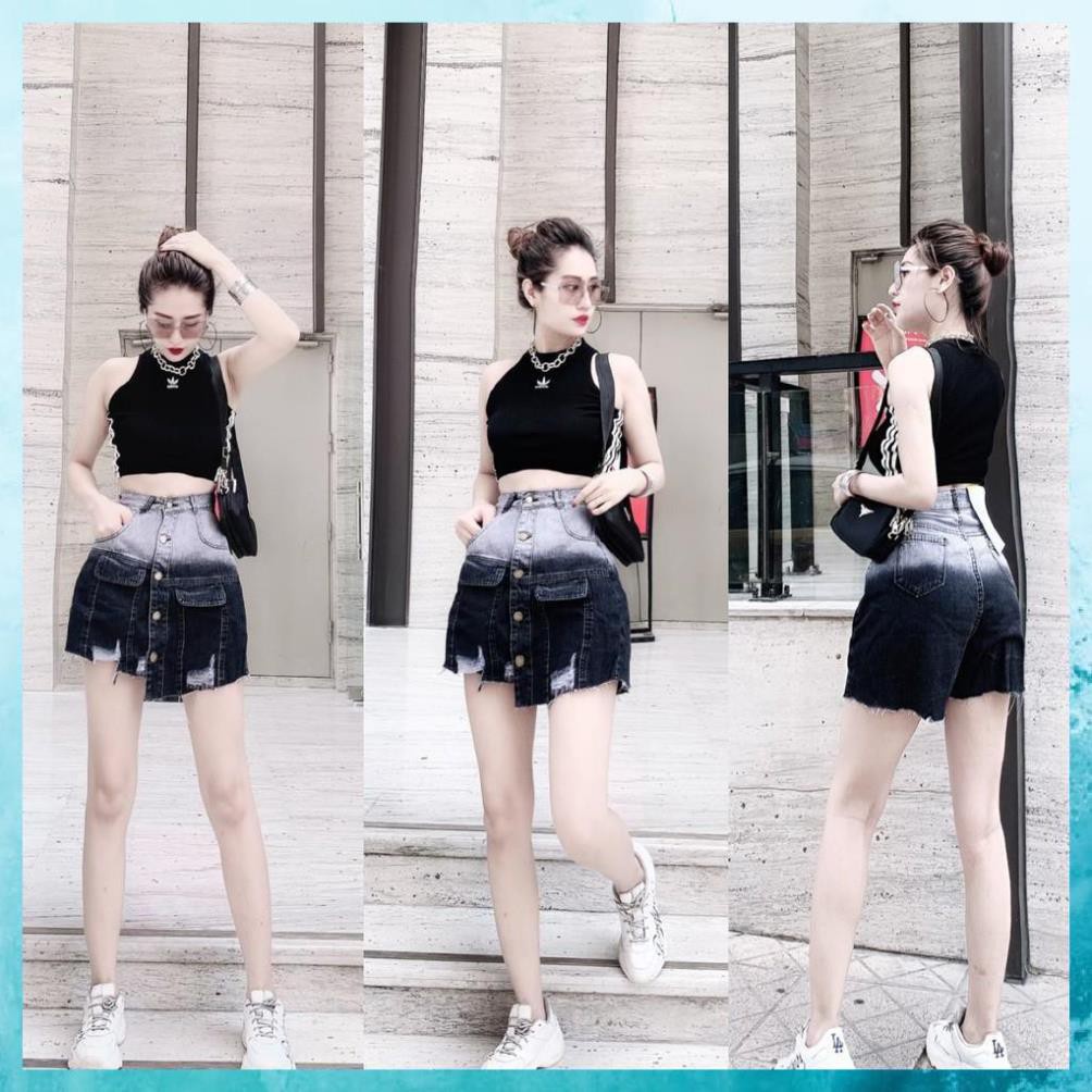 Quần bò giả váy rách nhẹ dáng chữ A, quần jeans giả váy lưng cao túi hộp. Mã V0115 - Hàng nhập khẩu