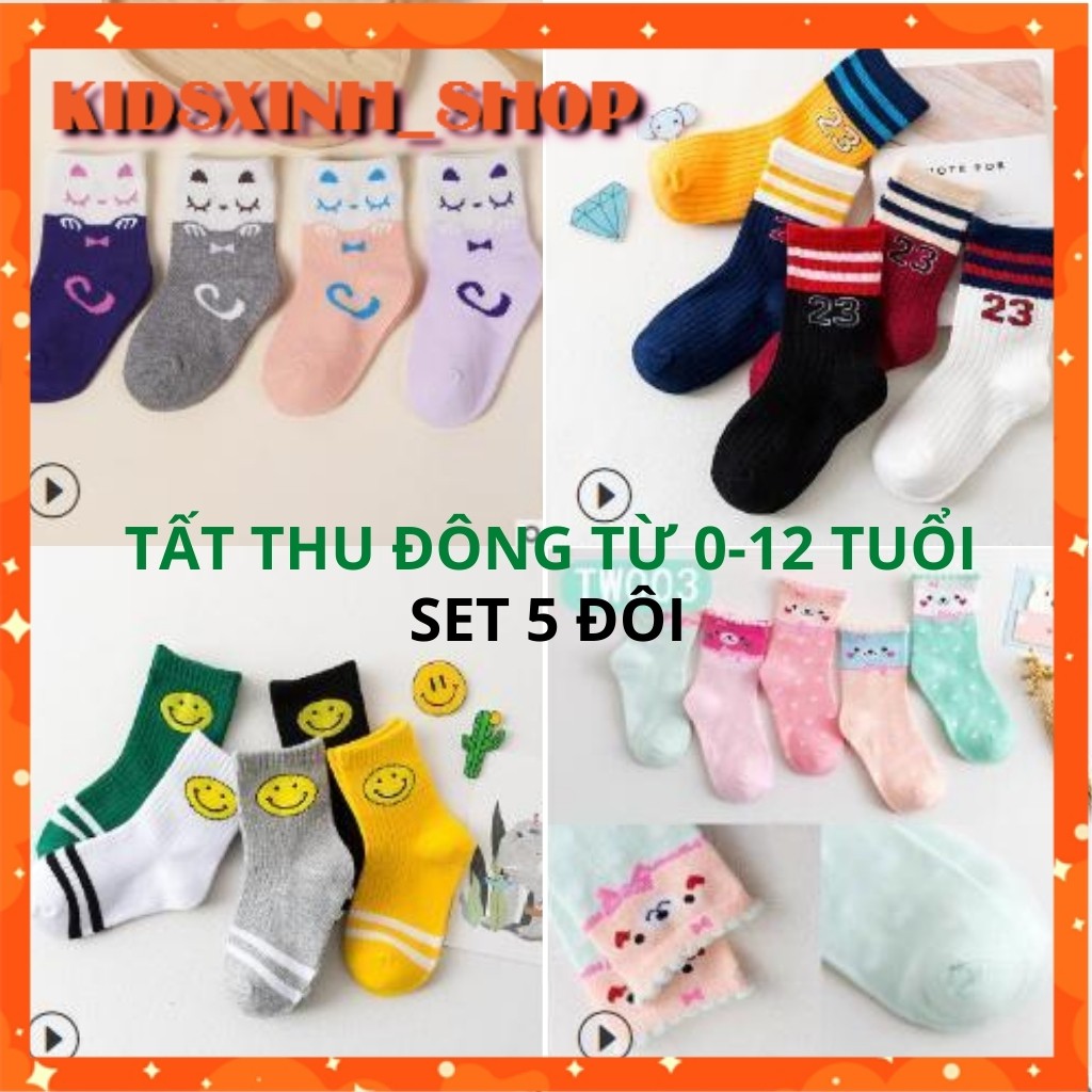 Tất Cho Bé Thu Đông Cao Cấp Dày Dặn Cổ Cao Từ 0-12 Tuổi( Set 5 Đôi)