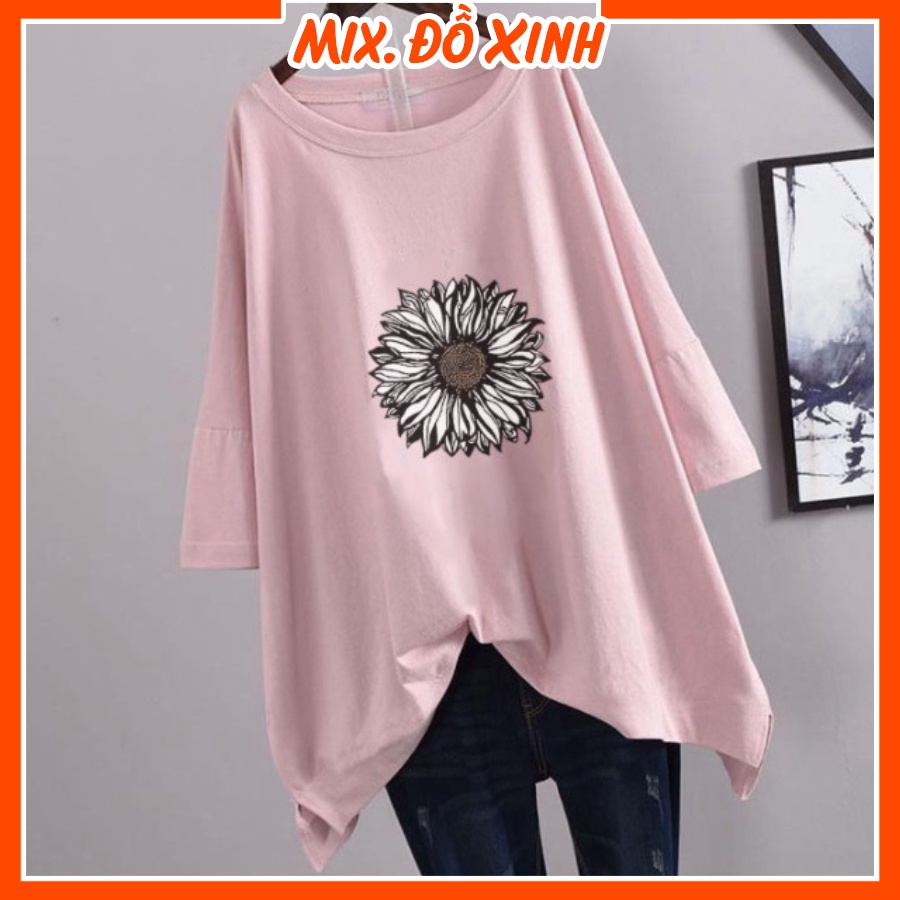 Áo phông unisex freesize form rộng tay lỡ Thu Hà chất liệu thun Cotton in hình Hoa Hướng Dương