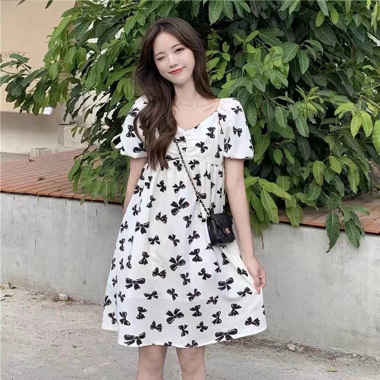 Đầm Tay Phồng Ngắn Phối Nơ Phong Cách Pháp Hàng Mới Ngọt Ngào Mùa Hè Cho Nữ