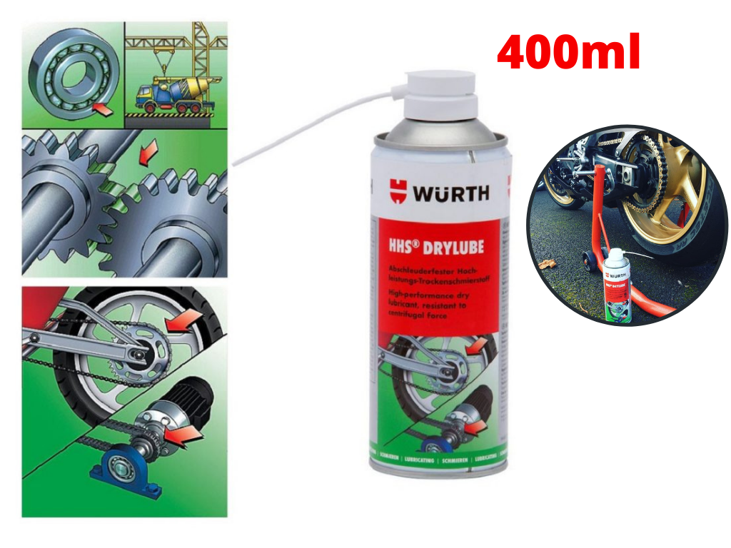 Mỡ Bò Khô Wurth HHS DryLube, Mỡ Bò Bôi Trơn Sên Xích Bảo Vệ Kim Loại 400ml