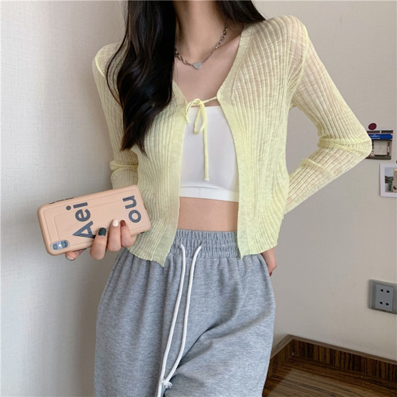 Áo Khoác Cardigan Dệt Kim Mỏng Nhẹ Cổ Chữ V Tay Dài Hở Phía Trước Thời Trang Mùa Hè Cho Nữ